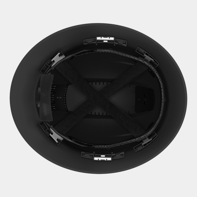 Underside view of Ceros XP300 full brim safety helmet showing the four point suspension system.
