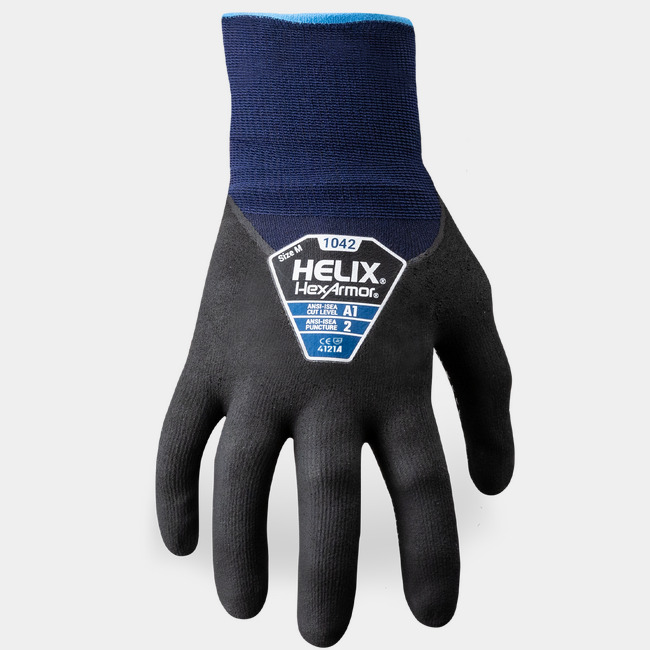 Back of hand view of Helix 1051 food safe gloves showcasing the glove label and HPPE/nylon blend shell.
