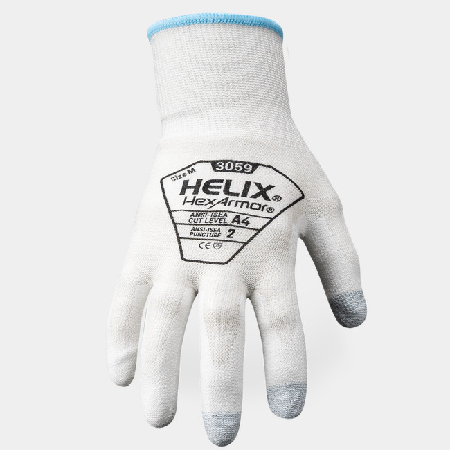 Back of hand view of Helix 3059 general purpose gloves showcasing the glove label and HPPE shell blend.