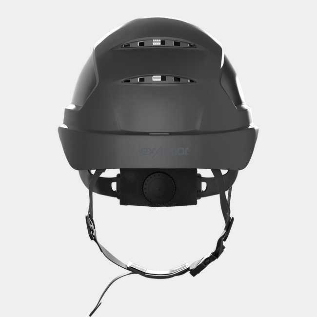 Ceros XP450A chin strap safety helmet as shown from the back showcasing the wheel ratchet adjustment system.