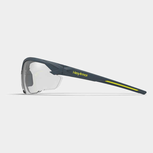 NX1 safety glasses from the side showcasing the HexArmor logo on the frame.