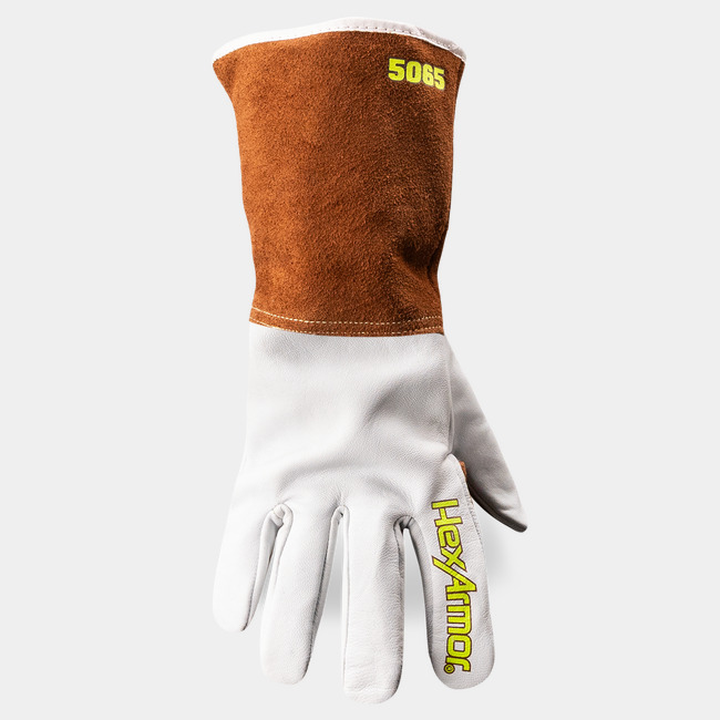 Back of hand view of HeatArmor 5065 welding work glove, showcasing the innovative impact protection.
