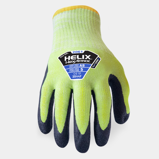 Back of hand view of Helix 2061 abrasion-resistant gloves, showcasing the glove label and HPPE/steel/fiberglass blend shell.
