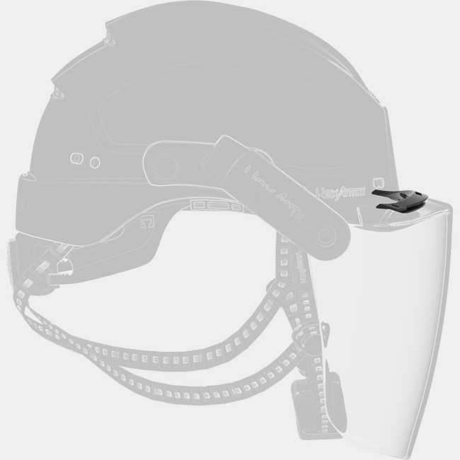 XA face shield adapter as shown from the side attached to a safety helmet and face shield.