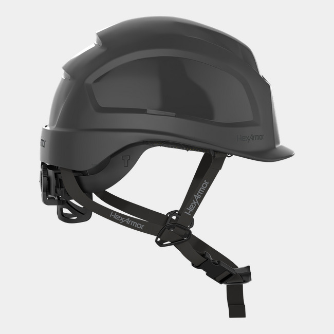 Ceros XP450AE with Mips black class E safety helmet with chin strap as shown from the front.