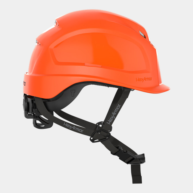 Ceros XP450A with Mips Hi-vis orange vented safety helmet with chin strap as shown from the front.