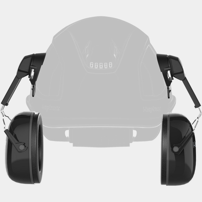 K-Series Ceros K1C hearing protection earmuffs from the front attached to a safety helmet.