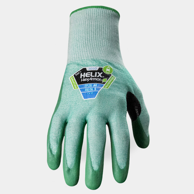 Back of hand view of Helix 3050 abrasion-resistant gloves, showcasing the glove label and HPPE/steel/fiberglass blend shell.