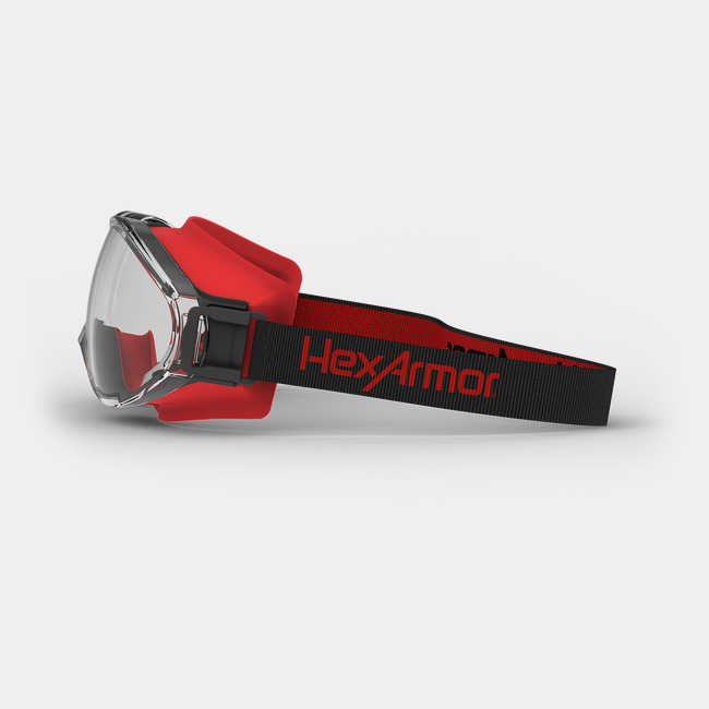 LT300 fire fighting safety goggles from the side showcasing the HexArmor logo on the strap.