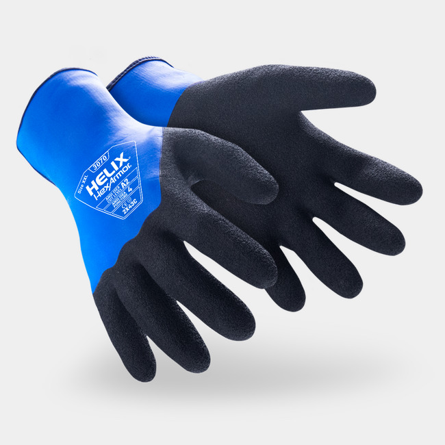 Blue and black Helix 3070 water-resistant work gloves shown side by side as they might appear on your hands.