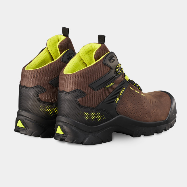 Back side of waterproof boots showcasing Xbase WP hi-vis details on the liner and heel.