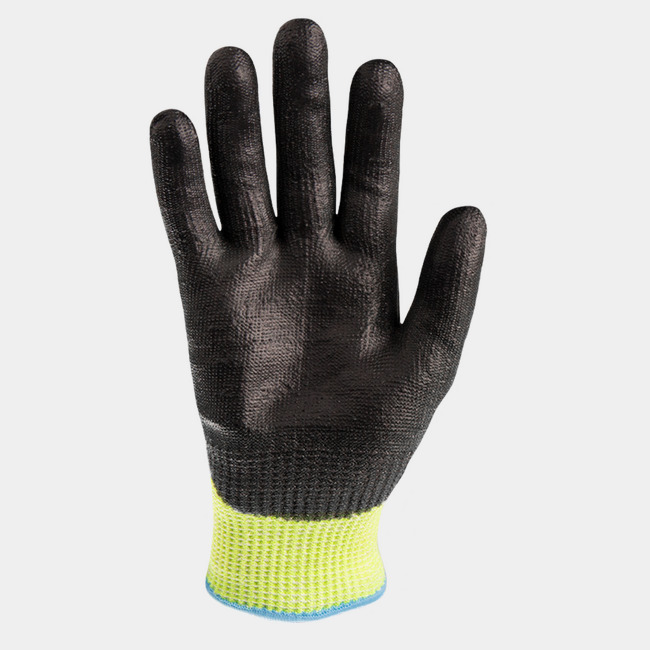 Palm view of Helix 2060 hi-vis work gloves, showcasing the polyurethane coating.