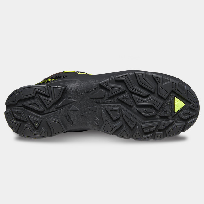 Bottom side of slip-resistant work boot showcasing the unique tread and MACSOLE rubber outsole.