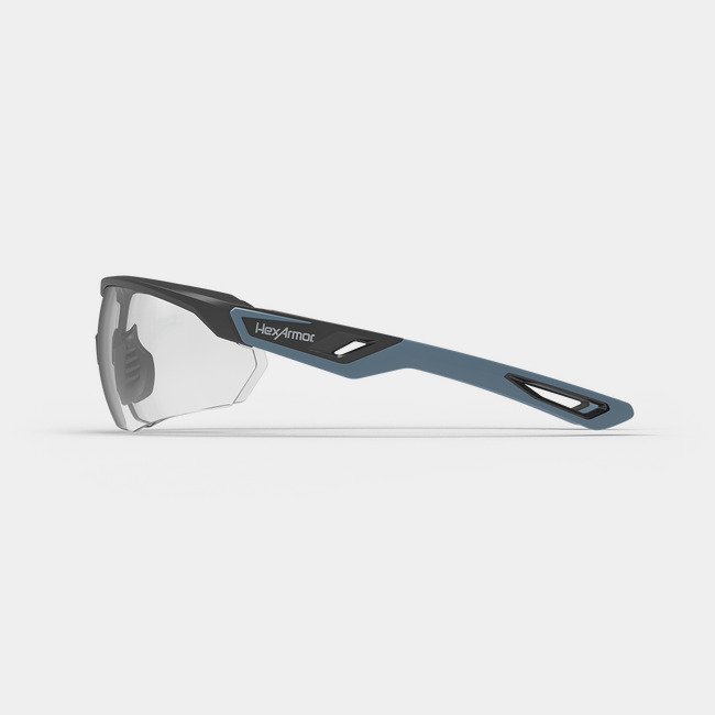 VuFlight safety glasses from the side showcasing the HexArmor logo on the frame.