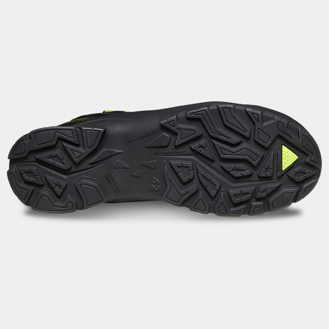 Bottom side of slip-resistant work boot showcasing the unique tread and MACSOLE rubber outsole.