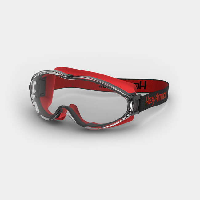 Grey and red LT300 wildland safety goggles shown as they are sitting on a table.