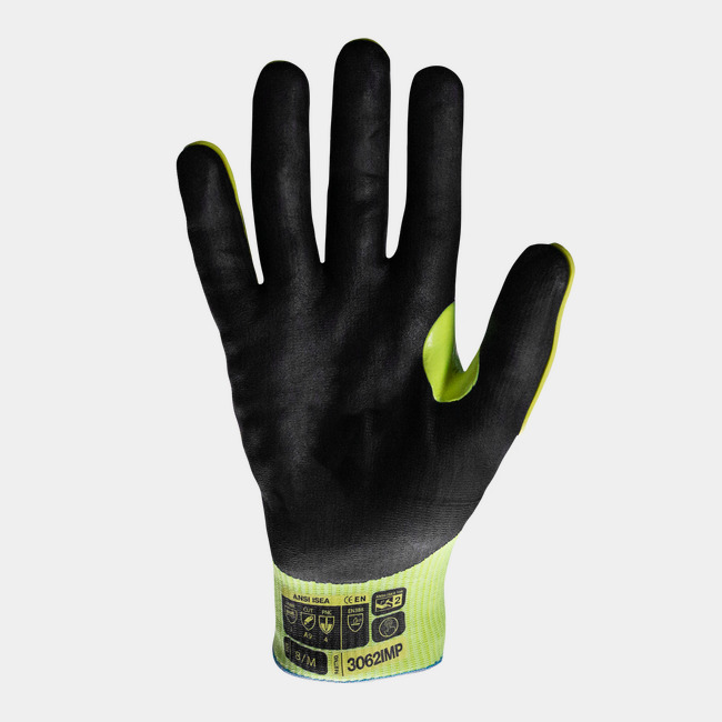 Palm view of the Helix 3062IMP cut-resistant gloves showcasing the thin foam nitrile coating.