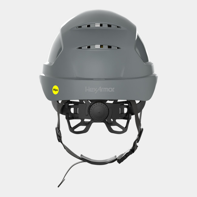 Ceros XP450A with Mips and chin strap safety helmet as shown from the back showcasing the wheel ratchet adjustment system.
