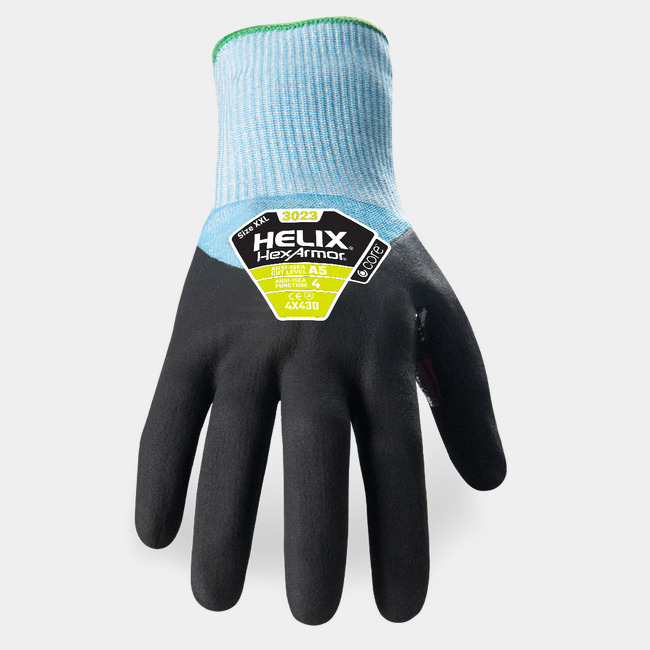 Back of hand view of the Helix 3023 3/4 dipped gloves showcasing the label.