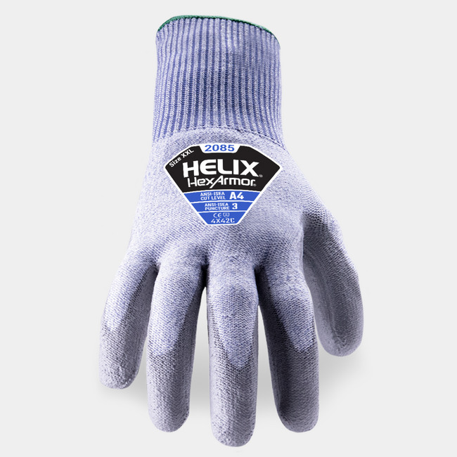 Back of hand view of Helix 2085 abrasion-resistant gloves, showcasing the glove label and HPPE and fiberglass blend shell.