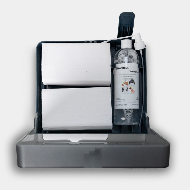 Wall mounted eyewear cleaning station when opened. 