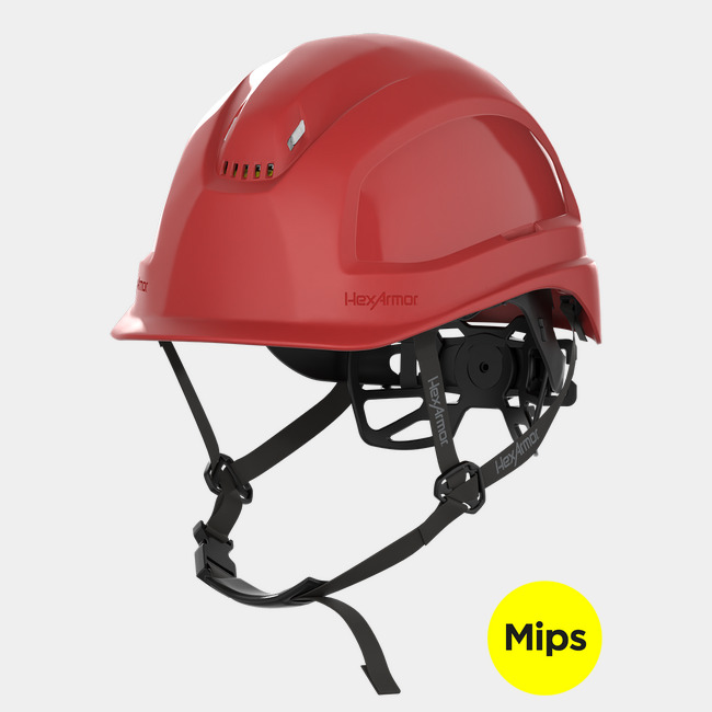 Ceros XP450A with Mips red vented safety helmet with chin strap.