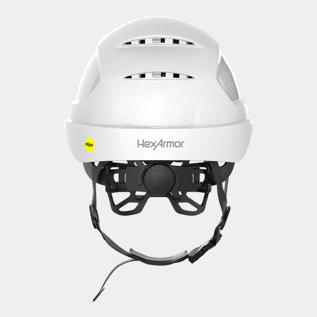 Ceros XP450A with Mips and chin strap safety helmet as shown from the back showcasing the wheel ratchet adjustment system.