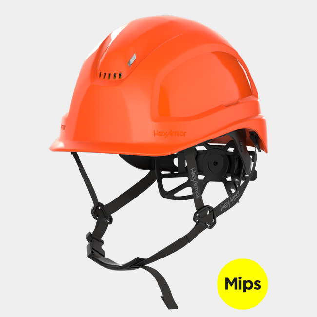 Ceros XP450A with Mips Hi-vis orange vented safety helmet with chin strap.
