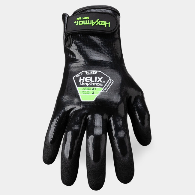 Back of hand view of water-resistant Helix 3027 showcasing the glove label and fully coated flat nitrile coating.