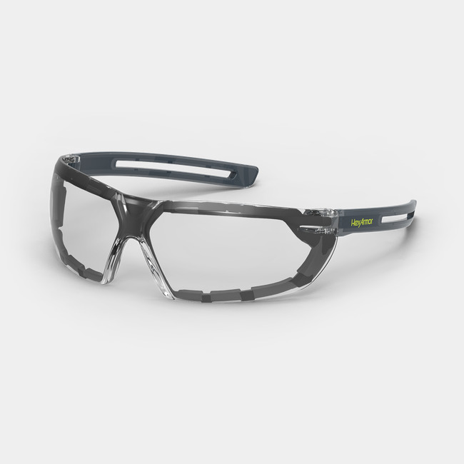 Grey LT400G anti-fog safety glasses with gasket shown as they are sitting on a table.