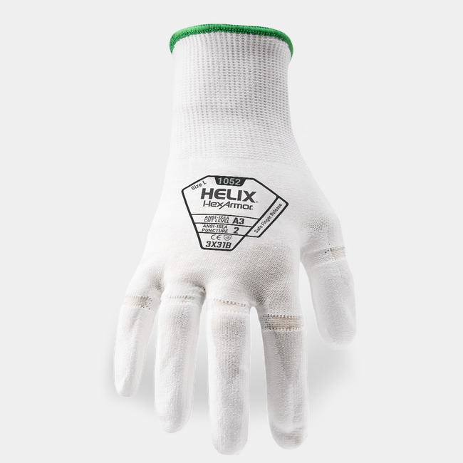 Back of hand view of Helix 1052 tear-away gloves, showcasing the glove label, breakaway fingers, and HPPE/nylon blend shell.