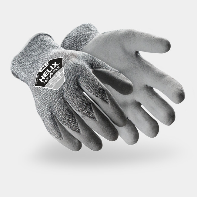 Grey Helix 3084 glass handling gloves shown side by side as they might appear on your hands.