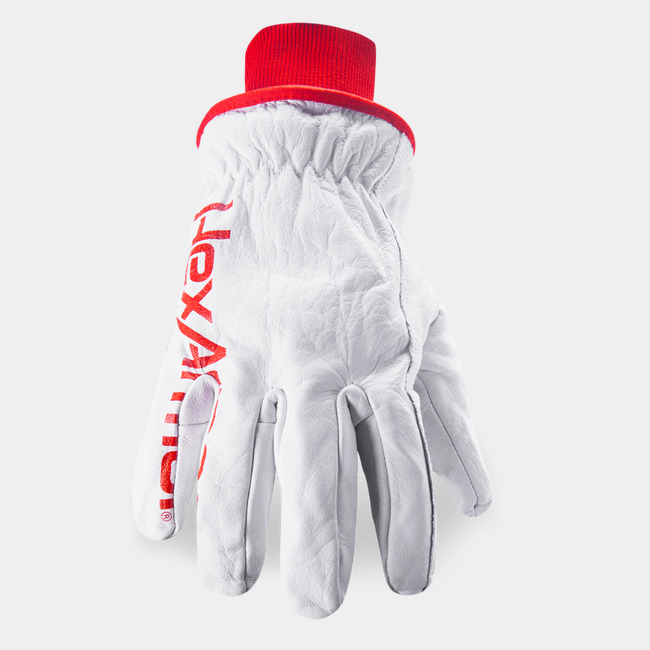 Back of hand view of Chrome SLT 4066W cold weather leather glove showcasing the HexArmor logo.