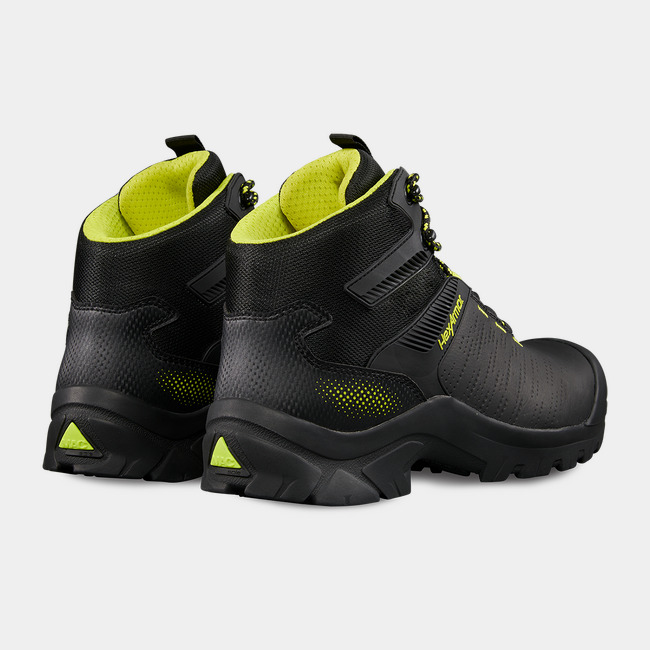 Back side of lightweight work boot showcasing Xbase’s hi-vis details on the liner and heel.