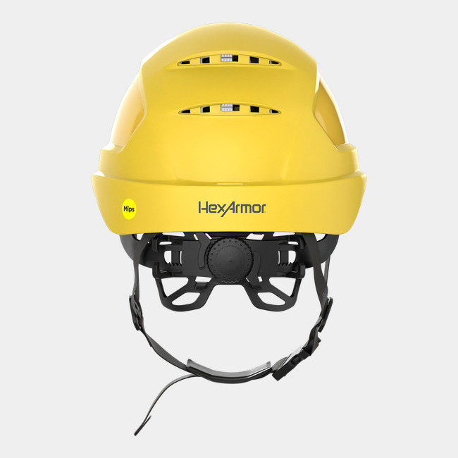 Ceros XP450A with Mips and chin strap safety helmet as shown from the back showcasing the wheel ratchet adjustment system.