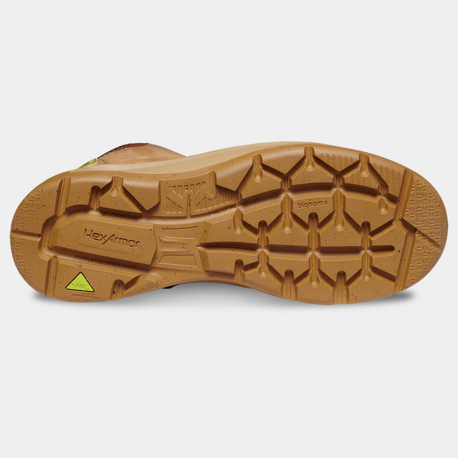 Bottom side of slip-resistant work boot showcasing the unique tread and MACSOLE rubber outsole.
