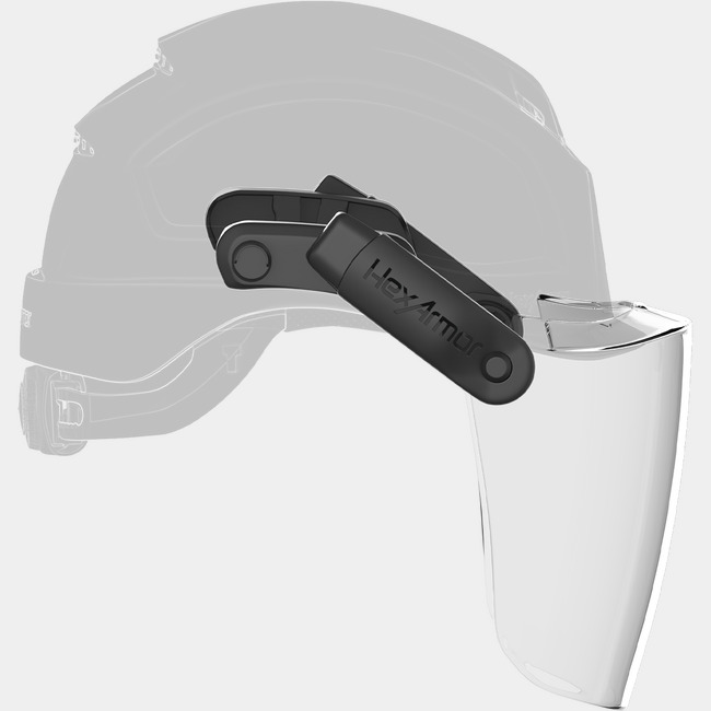 Ceros XP Click-and-Go magnetic clear face shield kit as shown from the side attached to a safety helmet.
