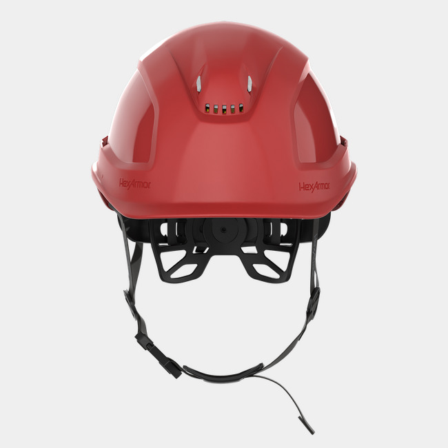 Ceros XP450A with Mips red vented safety helmet with chin strap as shown from the front.