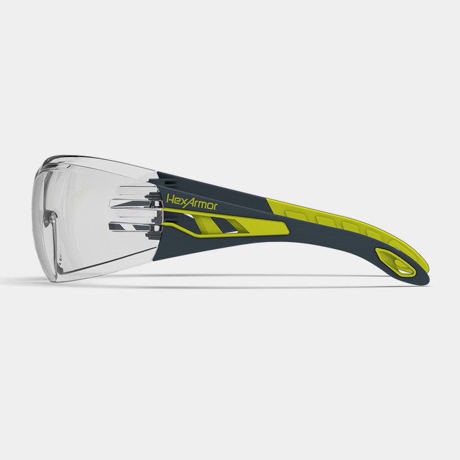 MX200 anti-fog safety glasses from the side showcasing the HexArmor logo on the frame.