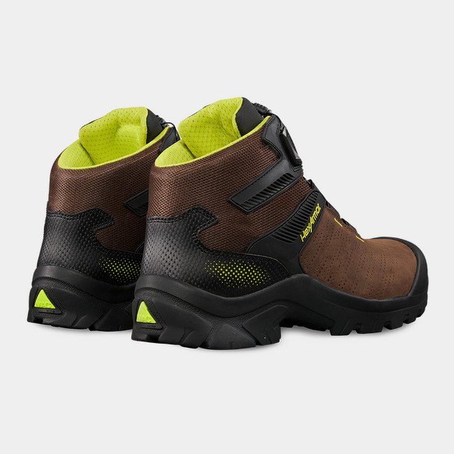 Back side of BOA work boots showcasing Xbase BOA’s hi-vis details on the liner and heel.