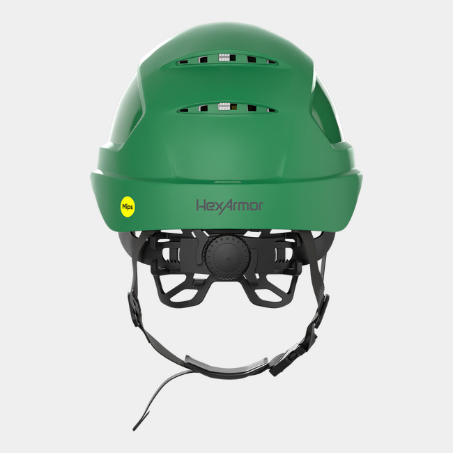 Ceros XP450A with Mips and chin strap safety helmet as shown from the back showcasing the wheel ratchet adjustment system.