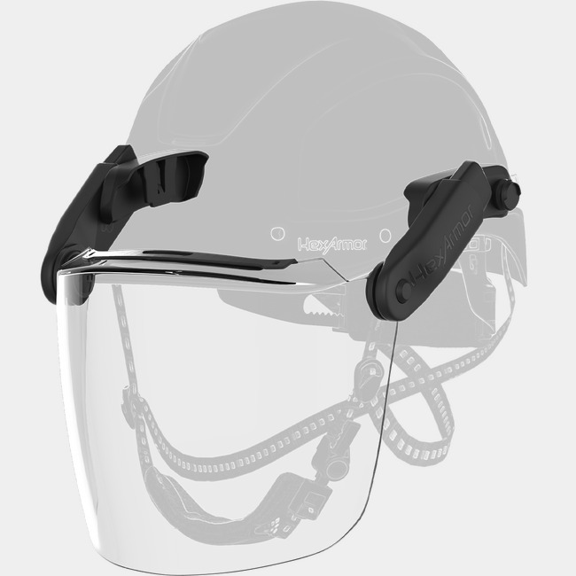 Ceros XA Click-and-Go magnetic anti-fog face shield kit attached to a safety helmet.