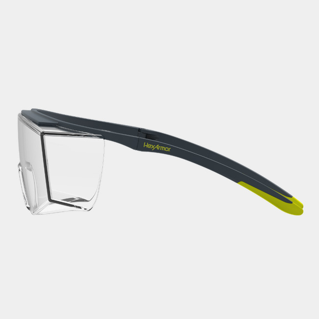 LT250 anti-fog safety glasses from the side showcasing the depth of the lens to fit over glasses.