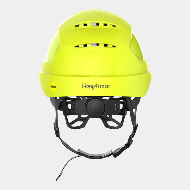 Ceros XP450A with Mips and chin strap safety helmet as shown from the back showcasing the wheel ratchet adjustment system.