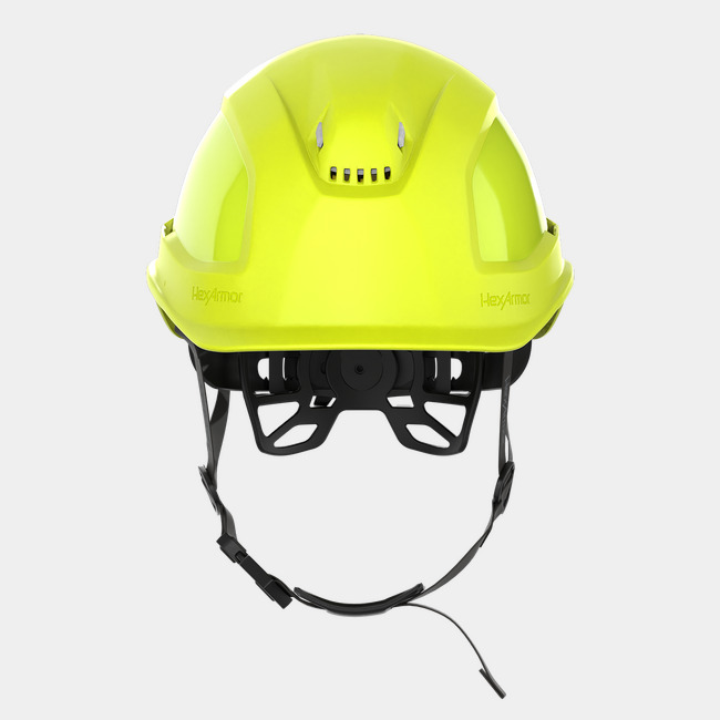 Ceros XP450A with Mips Hi-vis yellow vented safety helmet with chin strap as shown from the front.