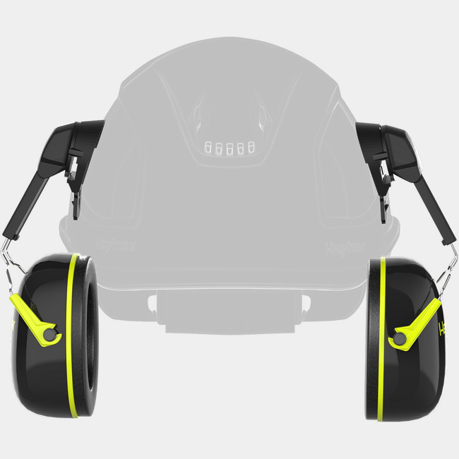 K-Series Ceros K2C hearing protection earmuffs from the front attached to a safety helmet.