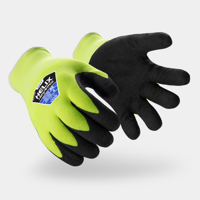 Black and yellow Helix 2077 hi-vis winter glove shown side by side as they might appear on your hands.