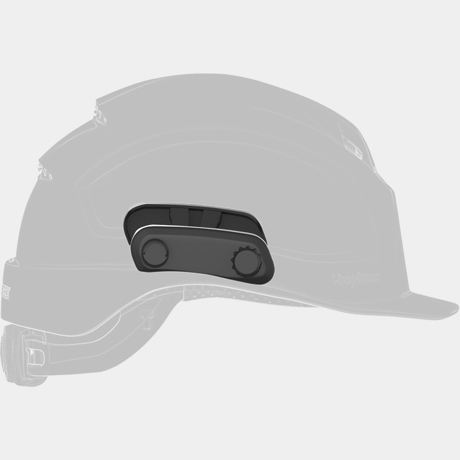Click-and-Go magnetic helmet adapter as shown from the side attached to a safety helmet. 