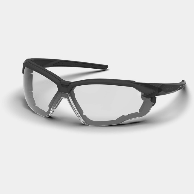 Black X1G anti-fog safety glasses with gasket shown from the front at an angle against a white background.