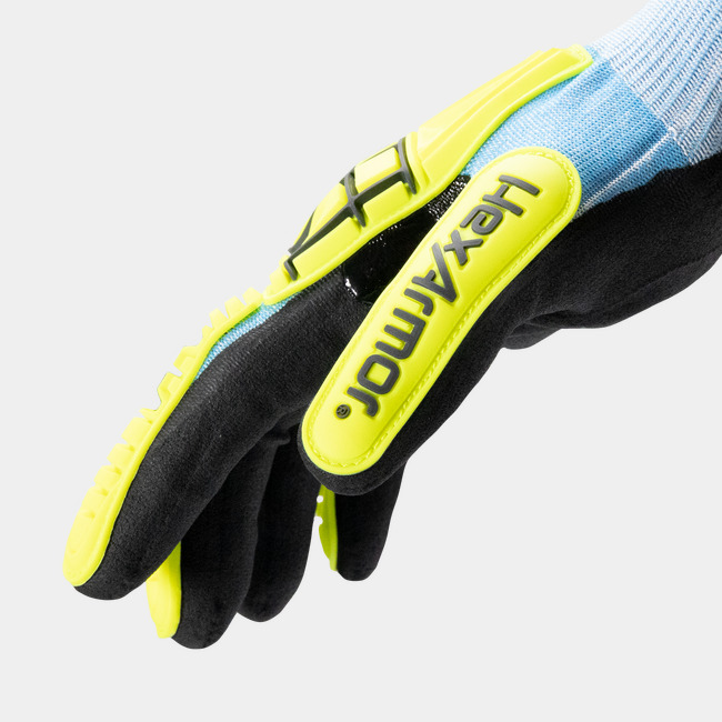 Side view of Helix 3011 abrasion-resistant gloves, showcasing the HexArmor logo on the thumb.